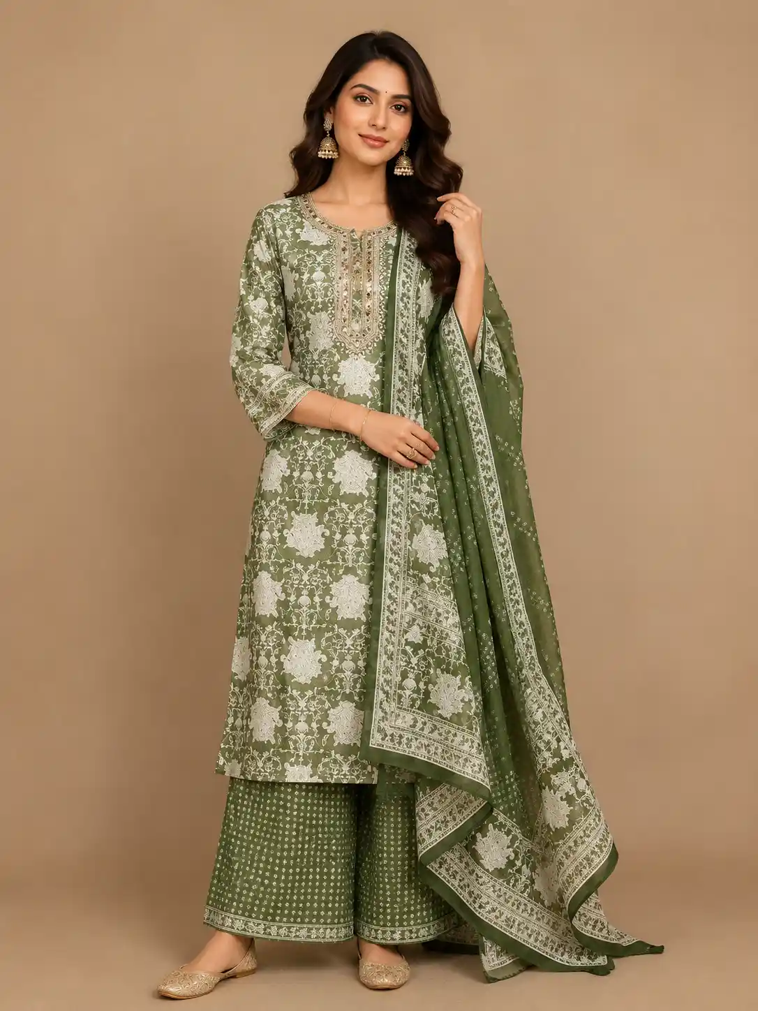 Light Green Floral Prints Cotton Straight Cut Salwar Suit